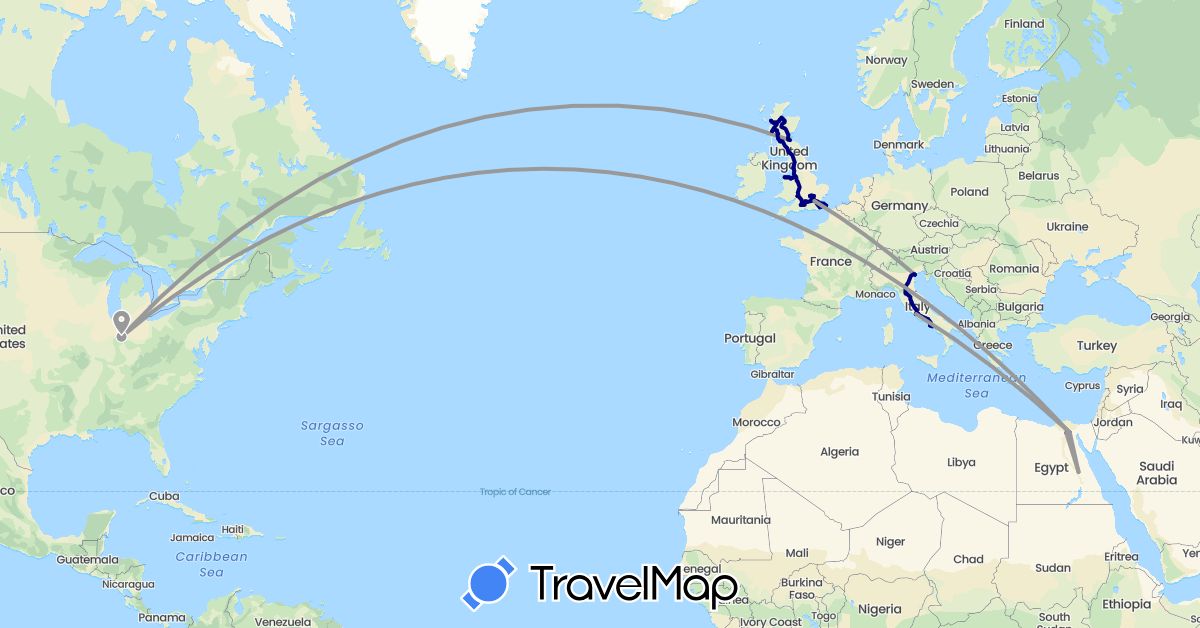 TravelMap itinerary: driving, plane in Egypt, United Kingdom, Italy, United States, Vatican City (Africa, Europe, North America)